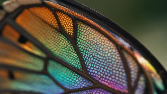 Iridescent butterfly wing scales displaying vibrant rainbow colors and detailed veins in extreme macro