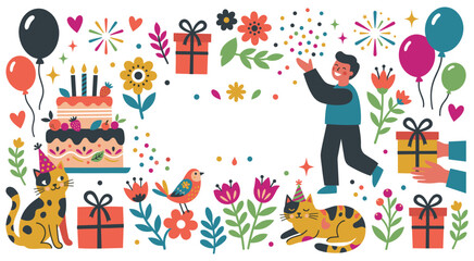 Fototapeta premium Colorful birthday party illustration with cats and cake.