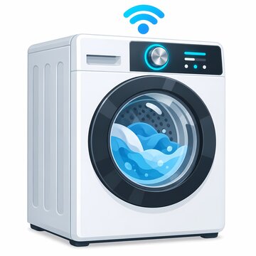 Smart Washing Machine Illustration with Wi-Fi Icon and Water