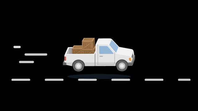 White pickup truck facing right with three wooden cargo crates in the bed. High-quality flat design vector illustration of a utility vehicle for delivery and logistics concepts.