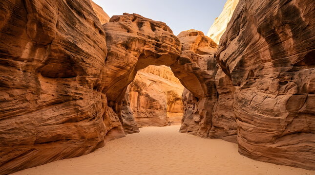 Natural sandstone bridge arch over sandy canyon pathway