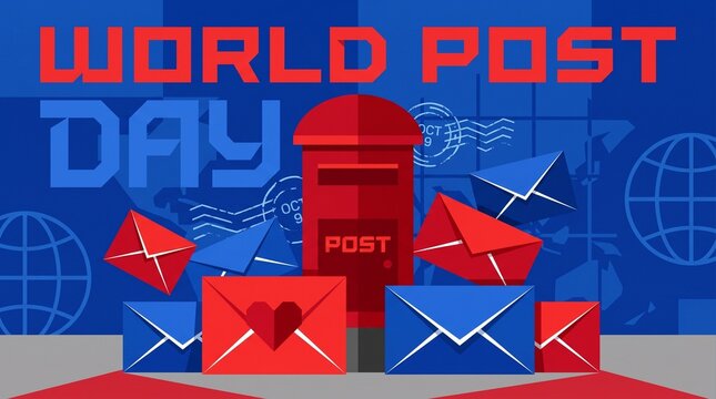 World Post Day celebration with vibrant red and blue post boxes, envelopes, globes, and stylized text emphasizing global communication and postal services.