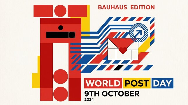 Bauhaus Edition World Post Day 2024 Commemorative Poster Design Featuring Geometric Red Shapes, Abstract Mail Iconography, Blue Linear Patterns, and Modernist Typographic Layout on Cream Background