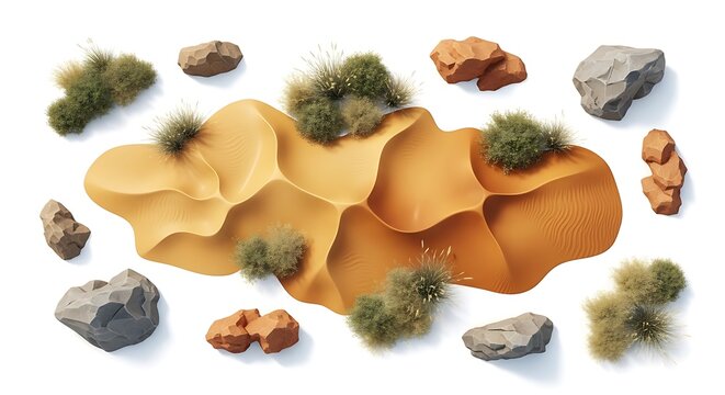 Set of natural brown rocks and green mossy stones isolated on white