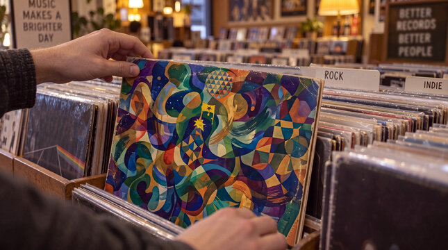 Hands flip through crates of vinyl record albums in a cozy independent record store with rock and indie section dividers.