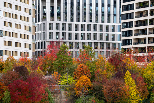 Colorful autumn garden and modern buildings in Parc Clichy-Batignolles Martin Luther King in Paris, France with urban residential backdrop