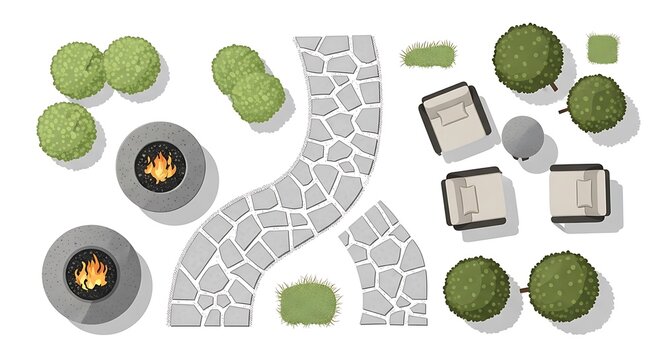 Top view of backyard patio elements with stone path and fire pits