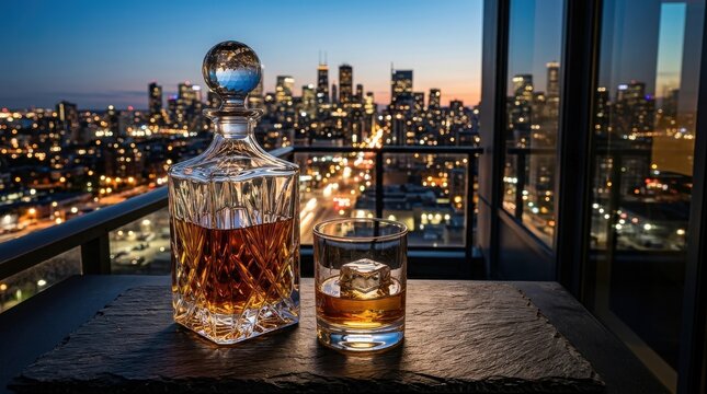 Luxurious whiskey decanter and glass with ice cubes on a dark slate tray overlooking a glowing modern city skyline at dusk from high balcony