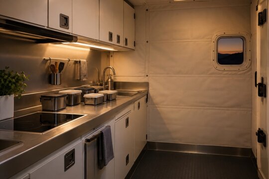Compact galley with magnetic containers waits before crew meal