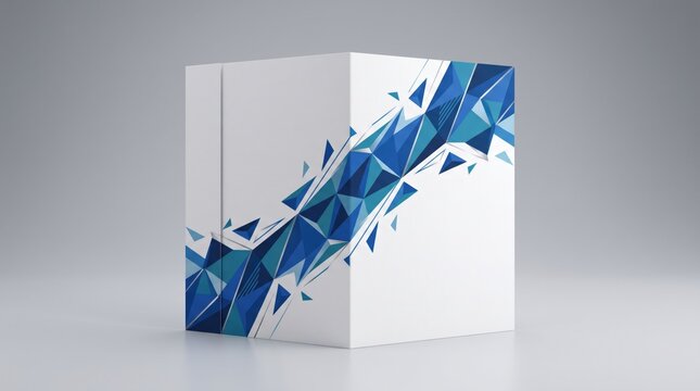 Minimalist white product box mockup with modern blue geometric design, blank software package box for branding, corporate packaging template