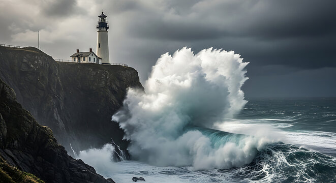 powerful ocean waves crashing against a lighthouse on a rocky cliff during storm