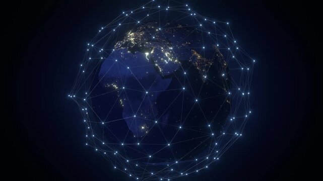Planet Earth with Glowing Digital Plexus Network Zoom in to Asia - 3d 4k animation (3840 x 2160 px)