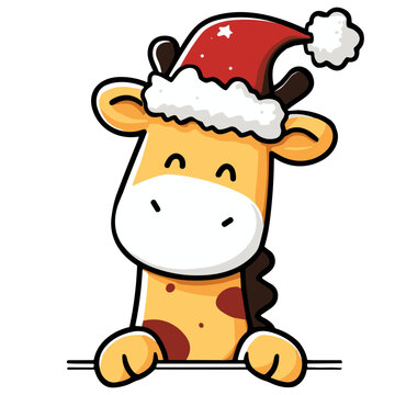 Cute Christmas Giraffe Wearing Santa Hat, Happy Cartoon Giraffe Peeking Over Border, Editable Vector Isolated on Transparent Background
