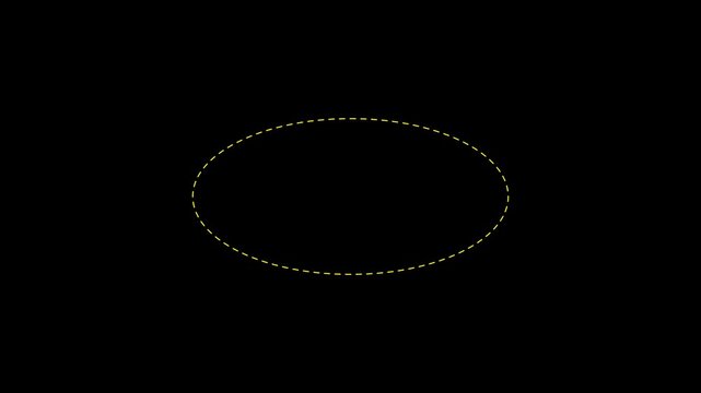 Dotted line flat gold circle frame animation on black background. Animation of a dotted line flat circle path from left to right point 4k motion video.