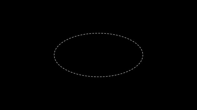 Dotted line flat white circle frame animation on black background. Animation of a dotted line flat circle path from left to right point 4k motion video.