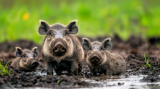 A family of warthogs wallowing in a mud pit, natural behavior, playful