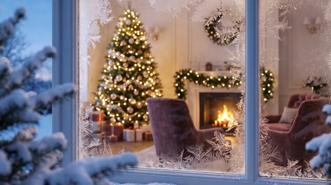 luxury pink velvet christmas living room viewed through frosted icy window with detailed ice crystals, glowing christmas tree with warm white lights silver gold ornaments presents, white fireplace wit