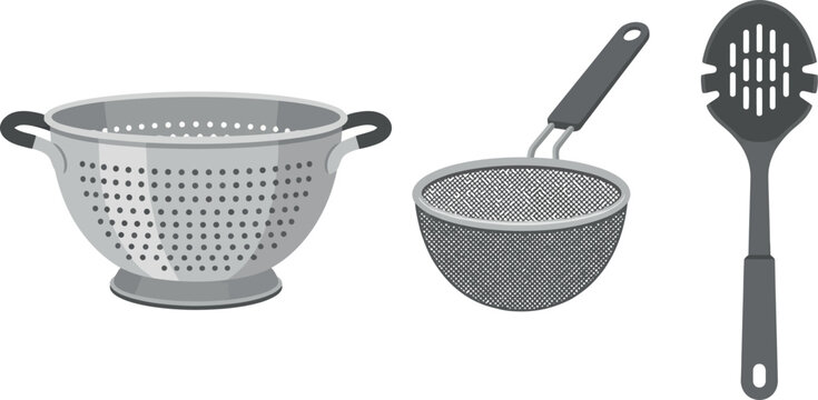 Detailed view of a stainless steel colander small perforated ladle and slotted spoon all presented in a clean minimalist style isolated on transparent background