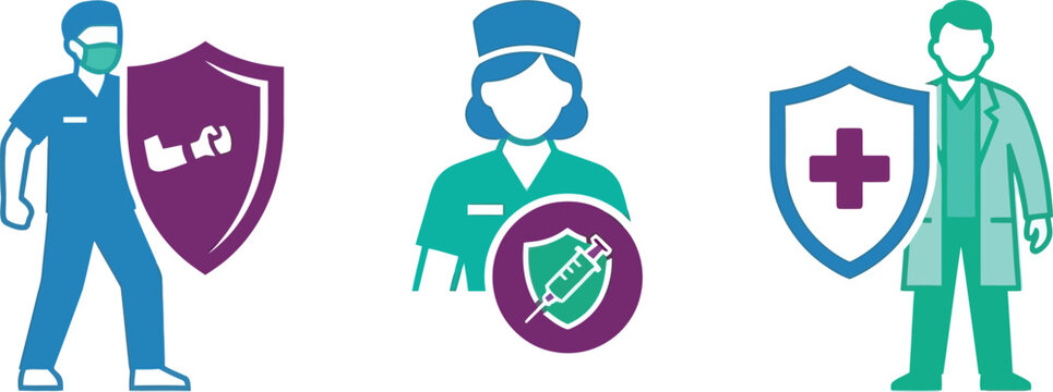 Healthcare professionals and protective shields illustration featuring doctors nurses and security elements isolated on transparent background
