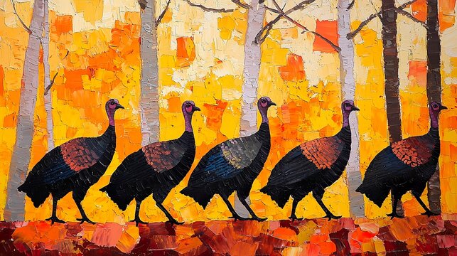 A group of wild turkeys crossing a sun-dappled autumn forest, vibrant colors