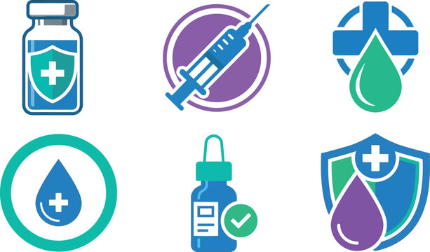 Collection of six colorful medical icons representing vaccines serums and protective health measures isolated on transparent background