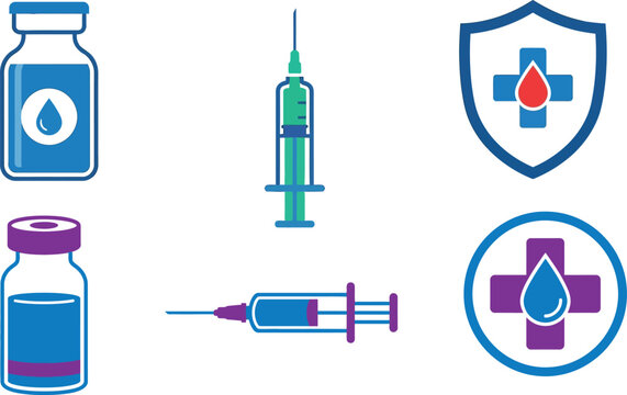 Collection of medical icons including vaccine vials syringes and protective shields isolated on transparent background