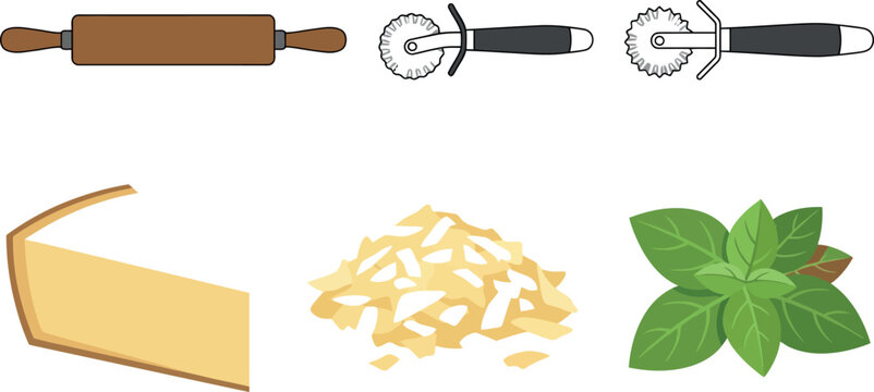 A delightful culinary collection showcasing a wooden rolling pin a metal whisk delicious cheese pasta and vibrant fresh basil leaves on a transparent backdrop