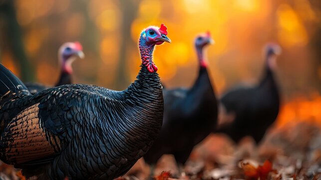A group of wild turkeys crossing a sun-dappled autumn forest, vibrant colors