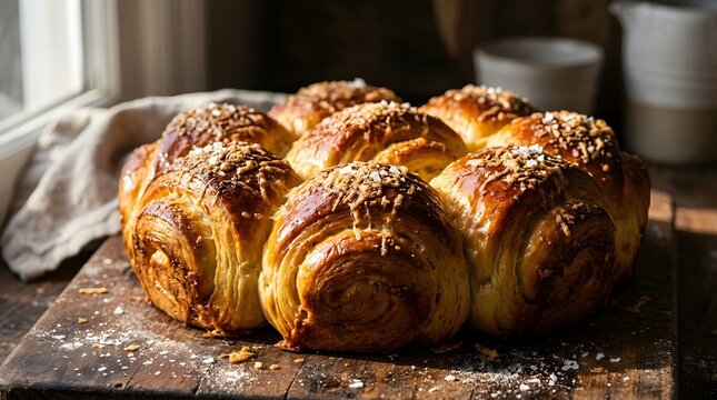 Golden glazed salt bread rolls topped with cheese and flaky sea salt sit on a rustic board in warm window light.