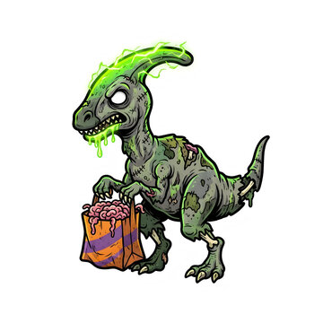 Zombie parasaurolophus dinosaur holding a bag of brains. Spooky green undead dino cartoon character with electric energy isolated on white background.