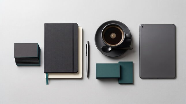 Minimalist dark corporate identity branding mockup flat lay, black notebook stationery and digital tablet workspace overhead photo