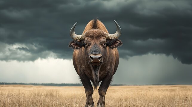 A lone buffalo standing against a dramatic storm sky, resilient