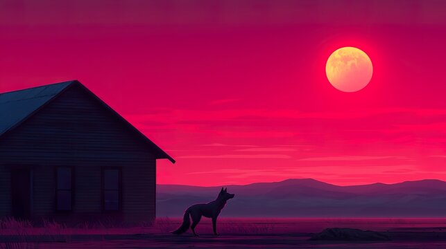 A lone coyote howling at a rising full moon over a vast desert, evocative