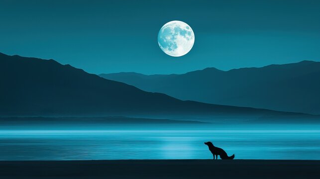 A lone coyote howling at a rising full moon over a vast desert, evocative