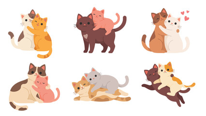 Fototapeta premium Cute cartoon cats and kittens hugging in pairs vector sticker set