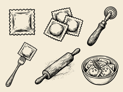 Set of ravioli pasta illustrations, brass cutter, rolling pin and fork for menu design, cream background