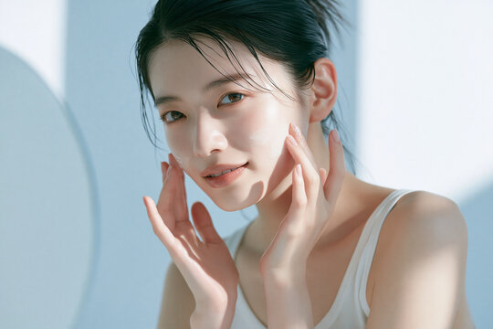 鏡の前で肌のケアをしているアジア人女性。美容、スキンケア用素材