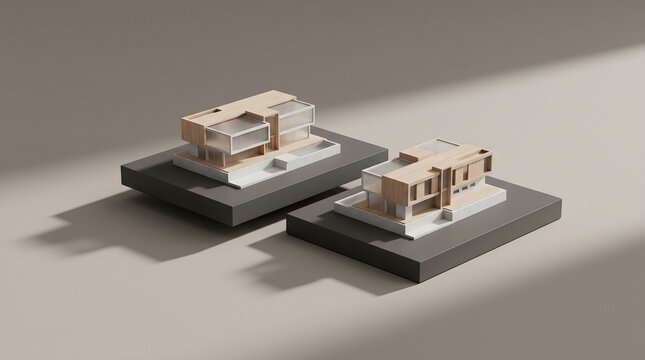 A 1031 exchange investment strategy visualized with two miniature modern architectural building house scale models