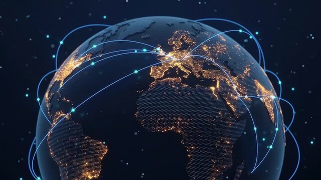 Global Data Flow and Digital Connectivity Network Across World Map
