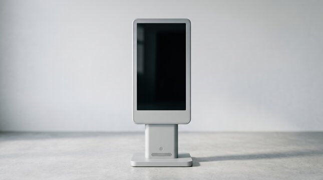 Modern digital kiosk mock-up in minimalist room, sleek touchscreen interactive display stand, blank black screen advertising billboard for UI design presentation