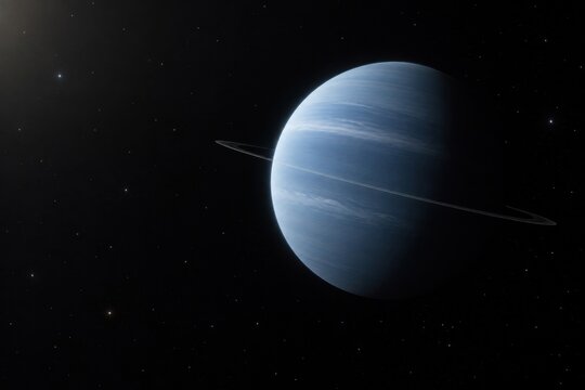 Pale blue ice giant floats with a thin narrow ring system