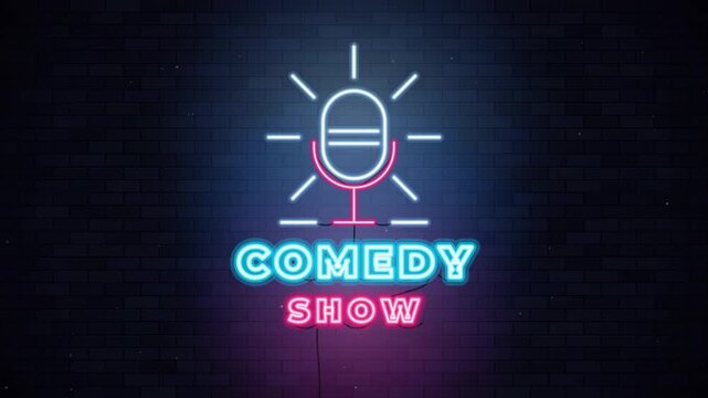 Neon Comedy Show Sign Flickering on Dark Brick Wall Background