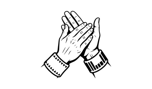 Clapping hands applause gesture black and white line art with patterned cuffs congratulation appreciation vector illustration design