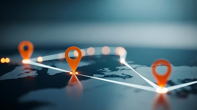Digital map with location pins connected by routes for navigation and location tracking