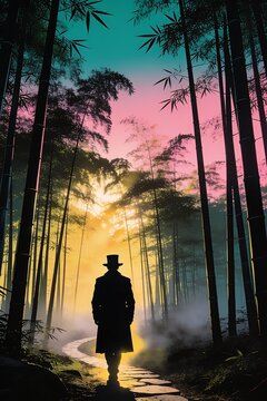 A mysterious man in a top hat walks along a stone path through a glowing Japanese bamboo forest in bold cinematic pop art style
