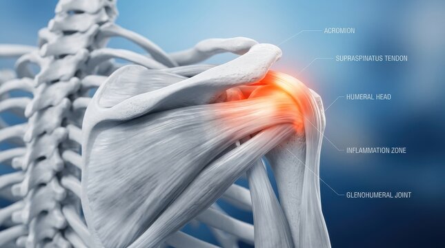 Medical Anatomy Illustration Showing Human Shoulder Joint Pain And Inflammation Of The Supraspinatus Tendon With Labeled Skeletal Structure Details