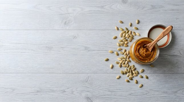 pumpkin puree jar with seeds and wooden spoon on white wood