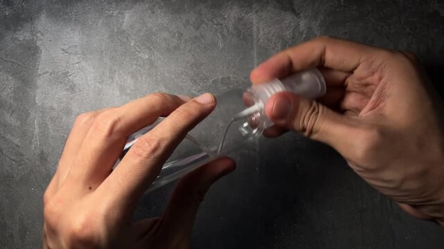 person hands closing clear cosmetic spray bottle cap