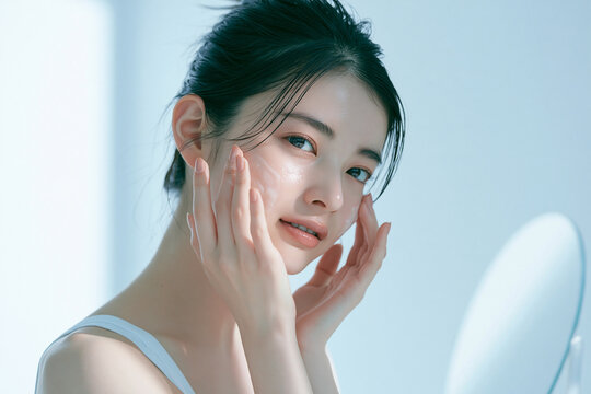 鏡の前で肌のケアをしているアジア人女性。美容、スキンケア用素材