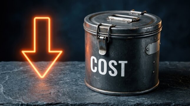Metal container labeled cost standing next to a glowing orange downward pointing neon arrow representing expense reduction and financial savings